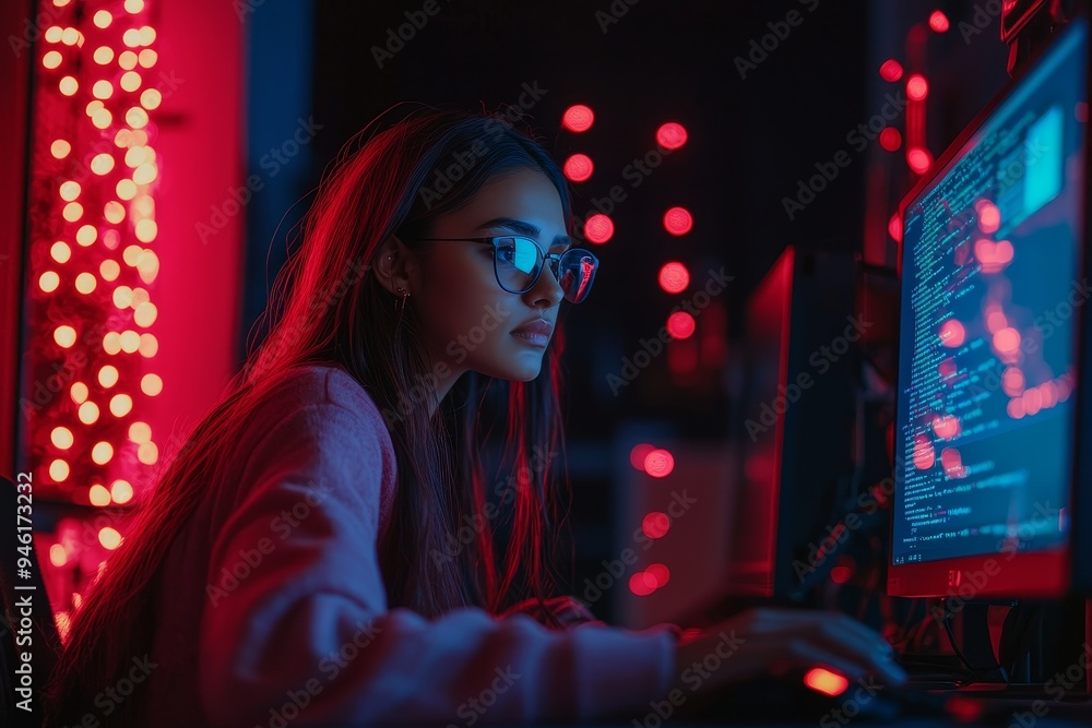 Poster developing software code for an innovative big data blockchain project by a young indian specialist.