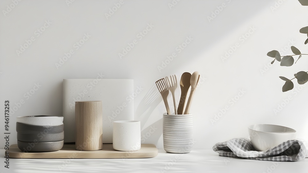Poster household essentials on a white background a curated set of utilitarian objects arranged in a balanc