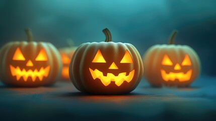 Spooky but cute 3D cartoon jack-o'-lanterns, with a simple, clean background and an abstract Halloween theme.
