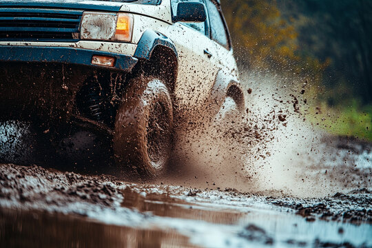 Off road vehicle coming out of a mud hole hazard, mud and water splash in off-road racing
