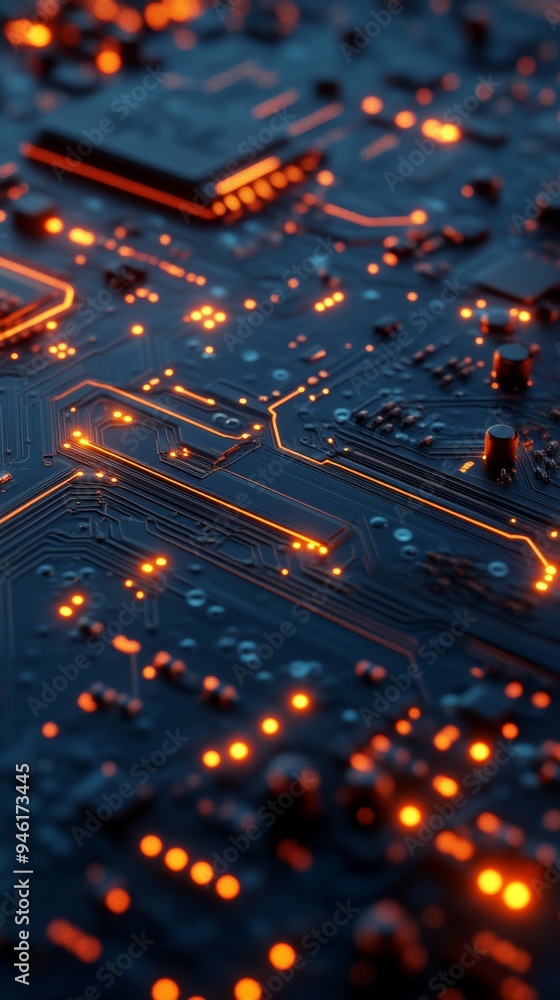 Poster modern electronic circuit board showing data transfer with glowing processors
