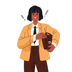 Happy black woman with new business ideas, thoughts. Joyful businesswoman holds briefcase. Employee, office worker with exclamation marks. Flat isolated vector illustration on white background