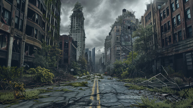 A road through a post-apocalyptic urban landscape, leading to an abandoned skyscraper, with broken windows and vines creeping up the sides, the sky dark and foreboding