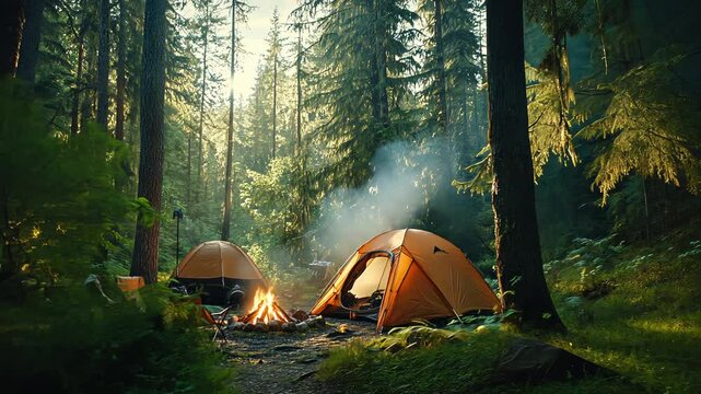 Footage A serene campsite in a forest with orange tents and a glowing campfire.