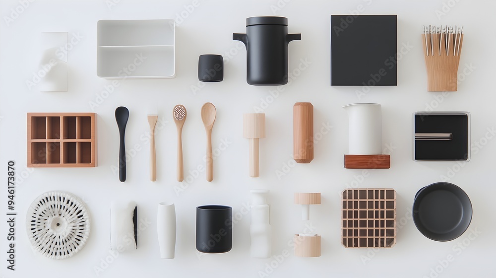 Poster meticulously arranged collection of everyday household items captured in a clean minimalist studio s