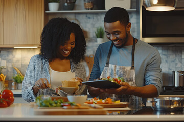 Biracial african american couple are cooking together in a modern kitchen at home. they share a joyful moment while preparing a colorful meal, with a recipe on a tablet