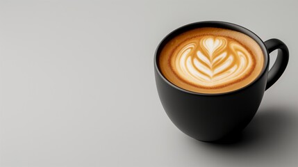 A black coffee cup with a heart design on the side