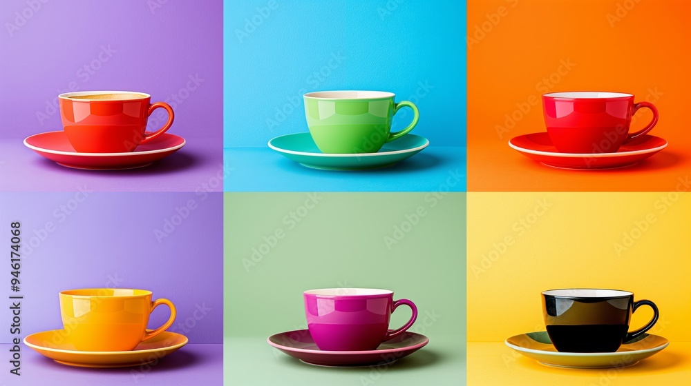Poster a colorful set of cups and saucers arranged in a grid. the cups are of different colors and sizes, a