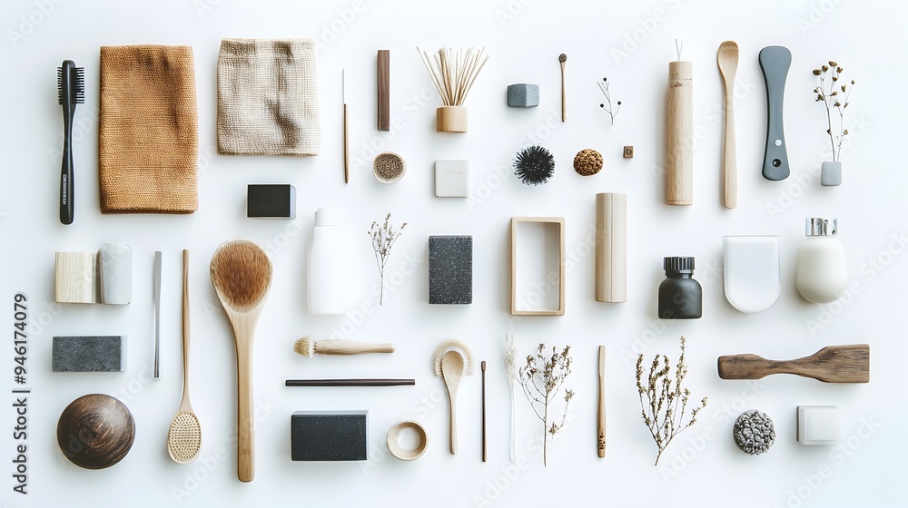 Aufkleber meticulously arranged variety of common household objects including everyday items placed on a clean