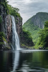 Fototapeta premium A waterfall cascading over a cliff face surrounded by lush greenery.