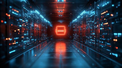 A holographic firewall symbol is displayed prominently, safeguarding valuable digital data in a high-tech data center illuminated with glowing lights.