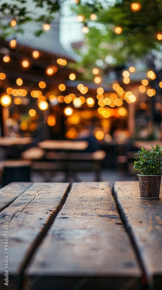 Aufkleber empty wooden table with blurred restaurant background with string lights