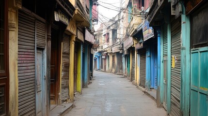 Fototapeta premium Quiet Street in Old Delhi: A narrow street in Old Delhi, with historic buildings, closed shops, and a sense of timelessness
