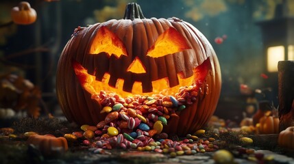 A Spooky Yet Cheerful Halloween Pumpkin with Candy Treats