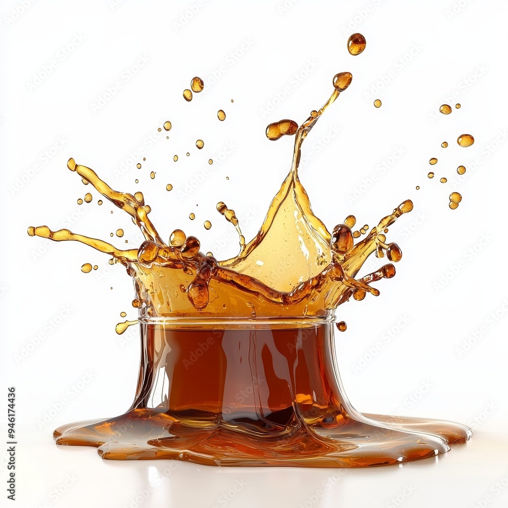 Poster isolated on a transparent background, caramel colored cascading liquid streams with abstract shapes,