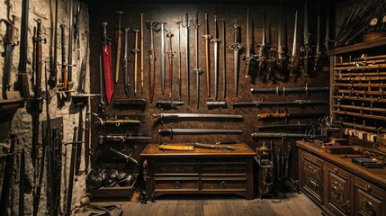 An arsenal of vintage weapons and swords displayed in a museum, highlighting historical artifacts.