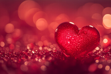 A glass heart set against a vibrant red bokeh background creating a romantic and dreamy ambiance perfect for love-themed visuals.