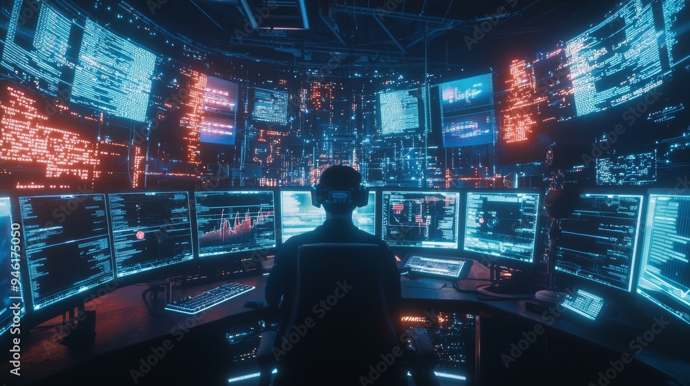 Aufkleber featuring holographic interfaces, intricate code, and virtual reality elements, depict a skilled cyb