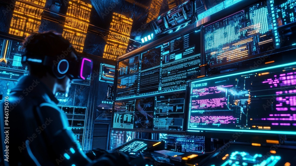 Poster an intricate holographic interface, intricate code, and virtual reality elements surround a skilled 