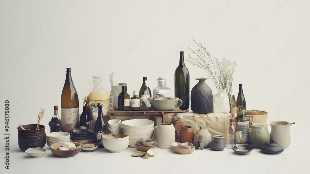 Poster minimalist composition showcasing an array of everyday household items and necessities arranged in a