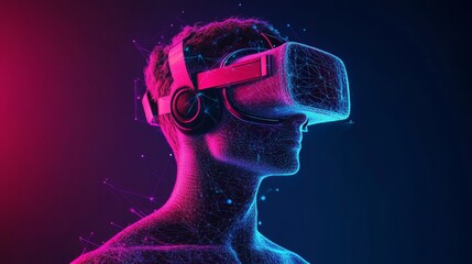 Immersive virtual reality gaming experience with glowing 3D graphics in a futuristic setting