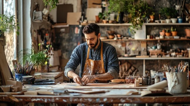 An artist in a creative workspace, experimenting with different materials and textures for a new project.