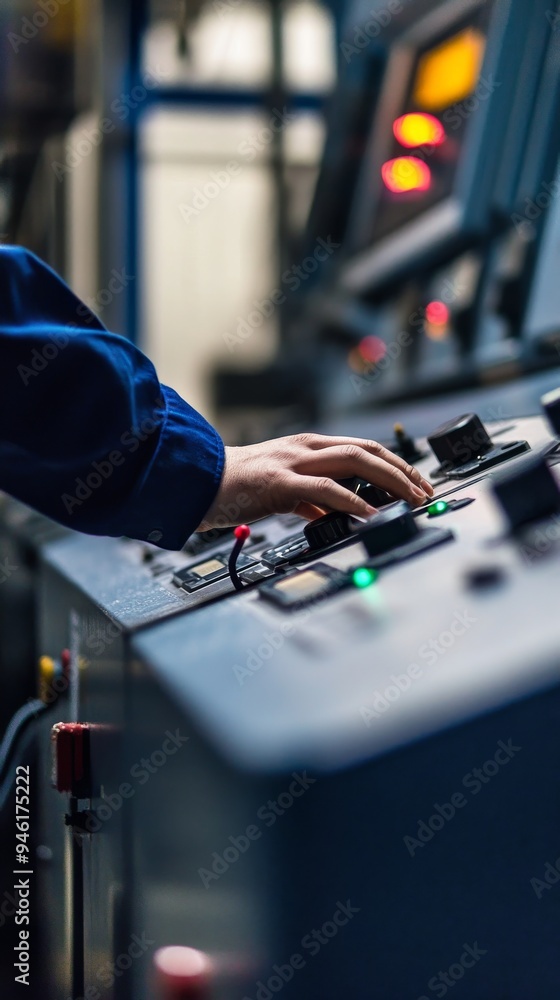 Poster factory worker operating machine at control panel
