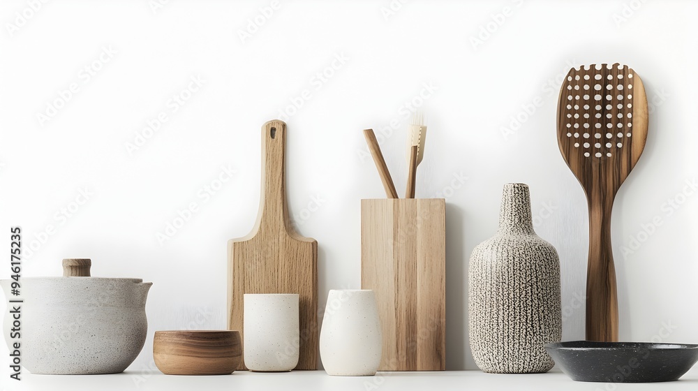 Poster minimalist still life arrangement featuring practical household objects and materials with visually 