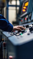 Factory worker operating machine at control panel
