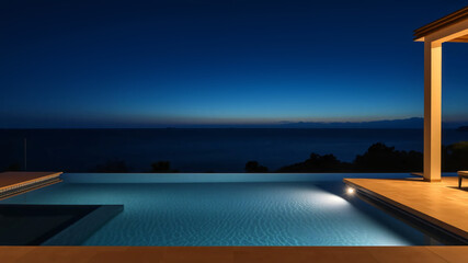 Fototapeta premium luxurious home with swimming pool, outdoor living concept with private oasis, modern minimalist architecture design looking out to the horizon in the evening