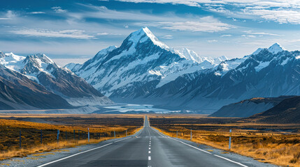 Fototapeta premium A remote road with a stunning mountain backdrop, the peaks covered in snow and the road winding through an open landscape, leading towards the mountains