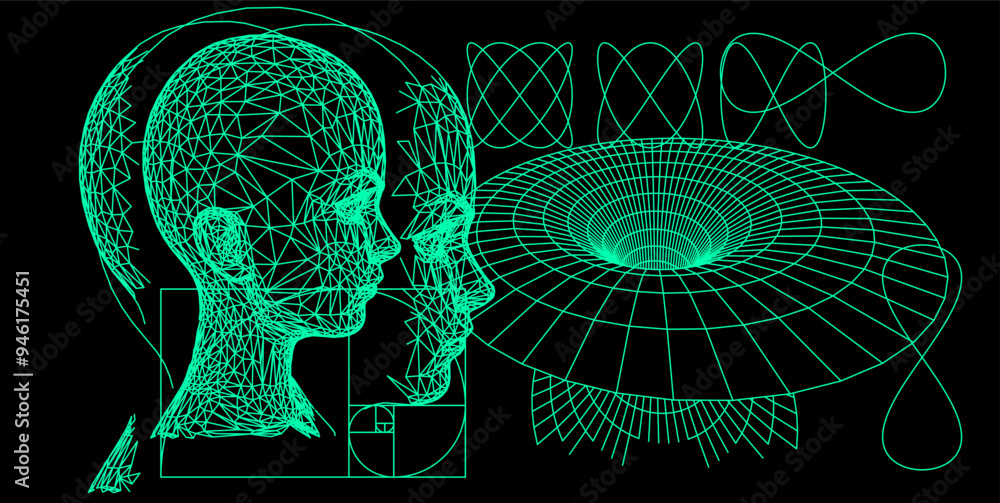 Aufkleber a collage of 3d figures and shapes representing future artificial technologies and warp in time and 