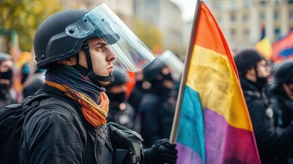 Protesters gathered in the city display powerful placards while law enforcement stands firm with riot shields, enforcing order amid tensions for rights. Generative AI