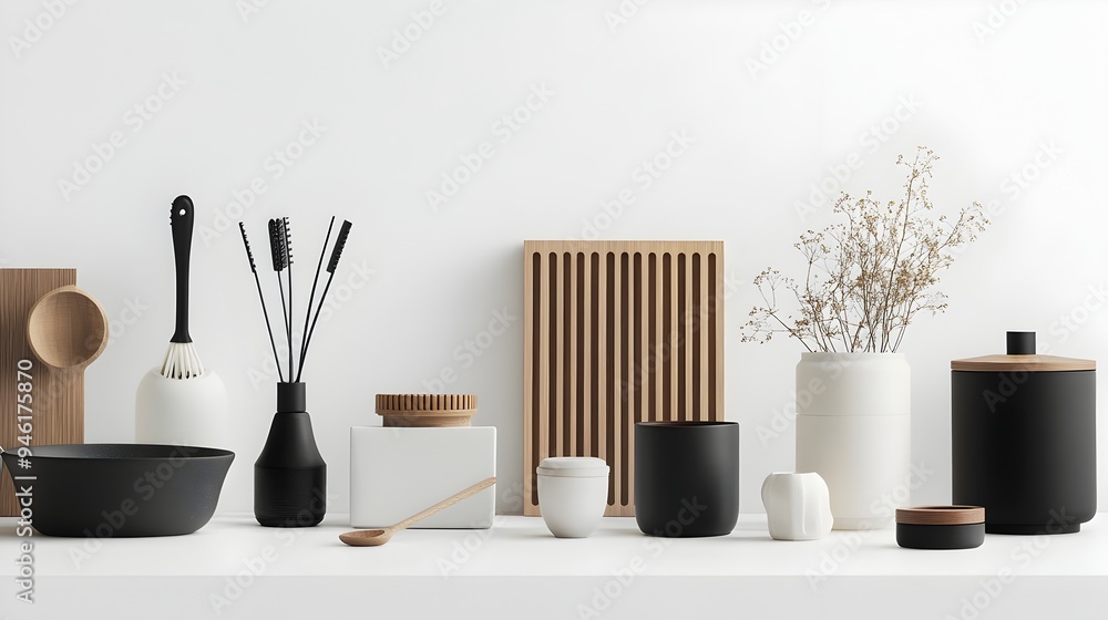 Poster neatly arranged assortment of household items with scandinavian inspired design aesthetic and high k