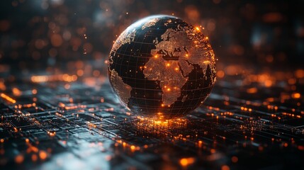 The holographic globe showcases global geography with glowing elements, illustrating the interconnectedness of data in a modern digital landscape.