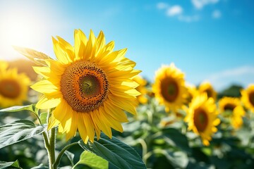Obraz premium A blooming sunflower field under a bright blue sky, with the flowers all facing the sun