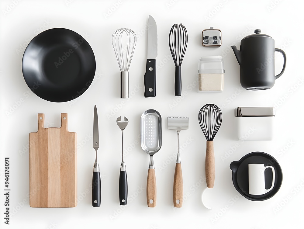Poster neatly arranged collection of common kitchen tools and utensils on a clean white background showcasi