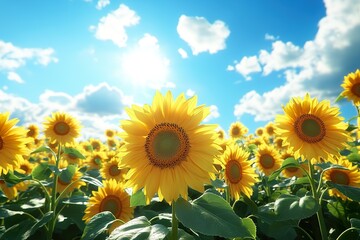 Obraz premium A blooming sunflower field under a bright blue sky, with the flowers all facing the sun