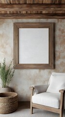 Mockup frame displayed in a charming farmhouse style living room with reclaimed wood beamed ceiling linen armchair and a woven basket   a 3D render showcasing a peaceful