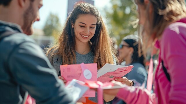 Volunteers wearing awareness ribbons and distributing informational brochures at a charity event.