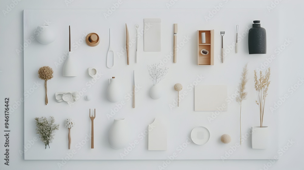 Poster neatly displayed assortment of everyday functional objects in a minimalist contemporary arrangement 