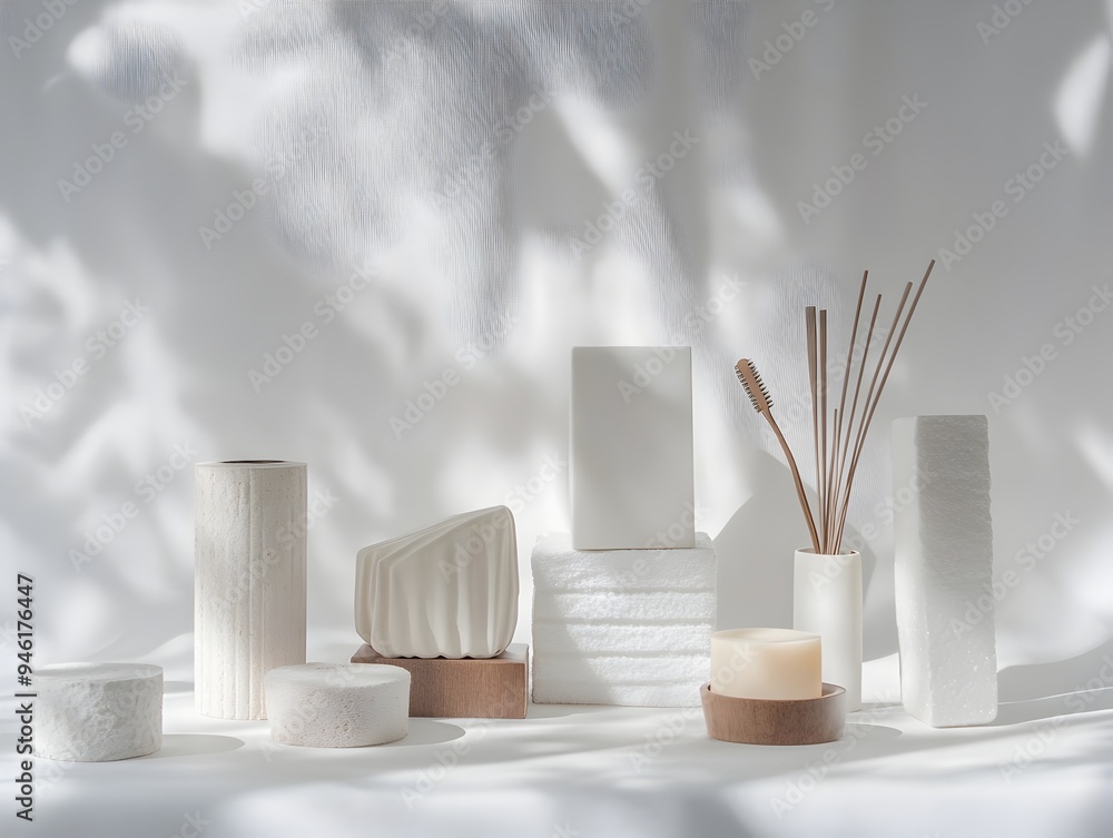 Aufkleber neatly displayed assortment of routine household items balanced in harmonious arrangement with subtl