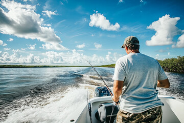 Fishing man sport fishing spinner shark on catch release fish activity boat tour pulling line. Fisherman outdoor in Everglades, Florida. Summer leisure recreation
