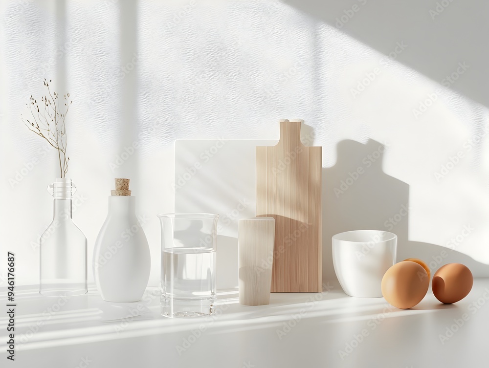 Poster neatly displayed assortment of routine household objects artfully arranged on a spotless white backd