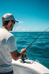 Obraz premium Fishing man sport fishing spinner shark on catch release fish activity boat tour pulling line. Fisherman outdoor in Everglades, Florida. Summer leisure recreation 