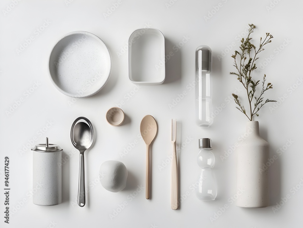 Poster stylish and minimalist still life composition of diverse household goods arranged in an asymmetrical