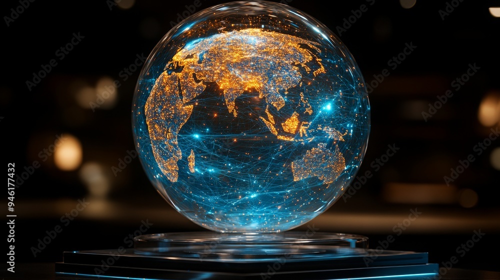Poster the display features a holographic globe, vividly illuminated with glowing continents and interconne