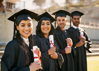 People, graduation and portrait with certificate at university for education, success and...