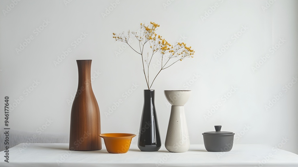 Poster symmetrical composition of functional household items arranged on a plain white background with diff