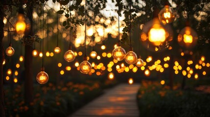 Obraz premium A lush garden filled with glowing light bulbs hanging from trees and bushes, casting soft golden light over vibrant flowers and greenery, creating a magical ambiance during twilight, with a pathway